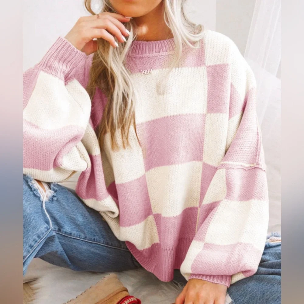 Pink Checkered Bubble Sleeved Crew Neck Knit Sweater - Picture 1 of 11